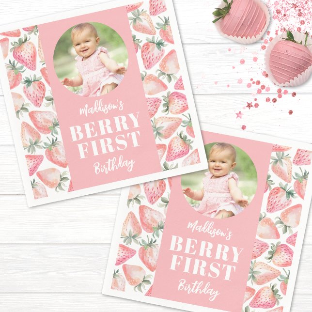 Strawberry Berry First Photo 1st Birthday Party Napkin (Strawberry Berry First Photo 1st Birthday Party Napkins)