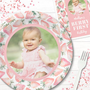 Strawberry Berry First Photo 1st Birthday Party Paper Plate