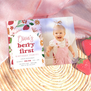 Strawberry Berry First Photo Birthday Party Invitation