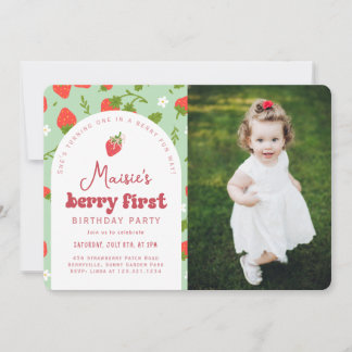 Strawberry Berry First Photo Birthday Party Invitation