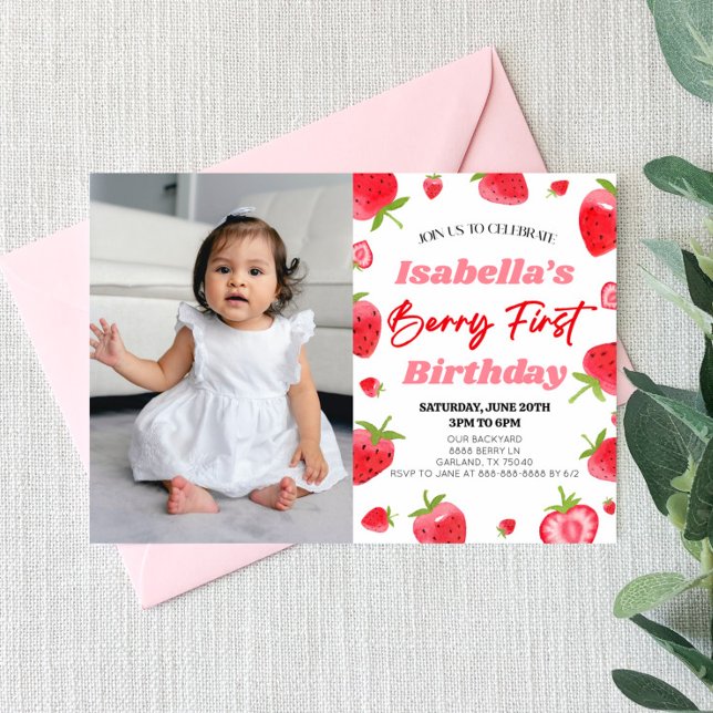 Strawberry Berry First Picture 1st Birthday Party Invitation (Creator Uploaded)