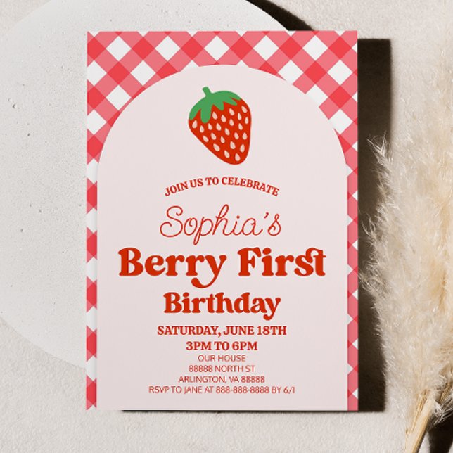 Strawberry Berry First Pink Red 1st Birthday Party Invitation (Creator Uploaded)