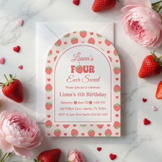 Strawberry Berry Four Ever Sweet Girl 4th Birthday Invitation