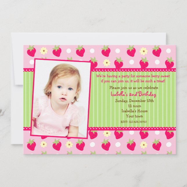 Strawberry Berry Photo Birthday Party Invitations (Front)