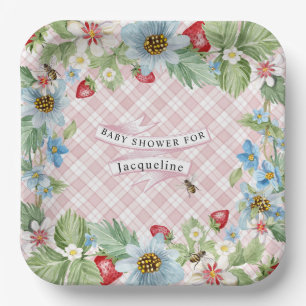 Strawberry Berry Pink Gingham Baby to Bee Shower Paper Plate