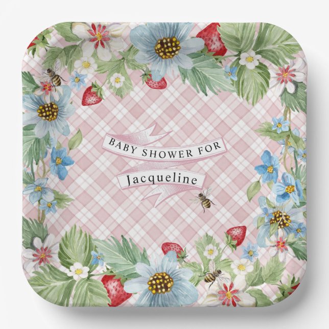 Strawberry Berry Pink Gingham Baby to Bee Shower Paper Plate (Front)