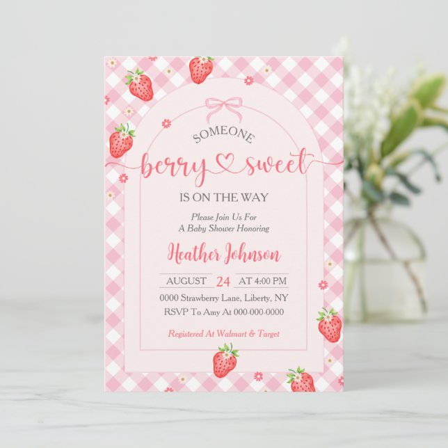 Strawberry Berry Sweet Baby Girl Baby Shower Invitation (Standing Front)