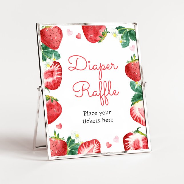Strawberry Berry Sweet Baby Shower Diaper Raffle Poster (A Berry Sweet Strawberry Baby Shower Diaper Raffle Sign)