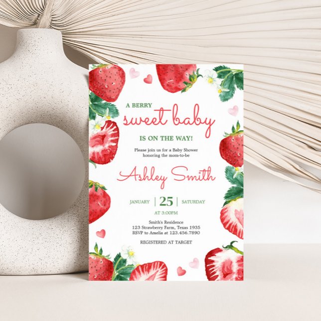 Strawberry Berry Sweet Baby Shower Invitation (A Berry Sweet Strawberry Baby Shower Invitation)