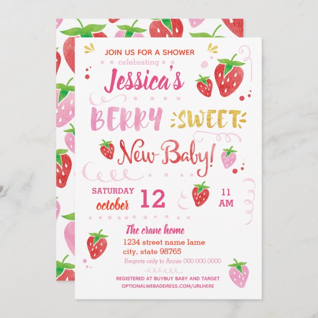 Strawberry BERRY SWEET baby shower Watercolor Invitation (Front/Back)