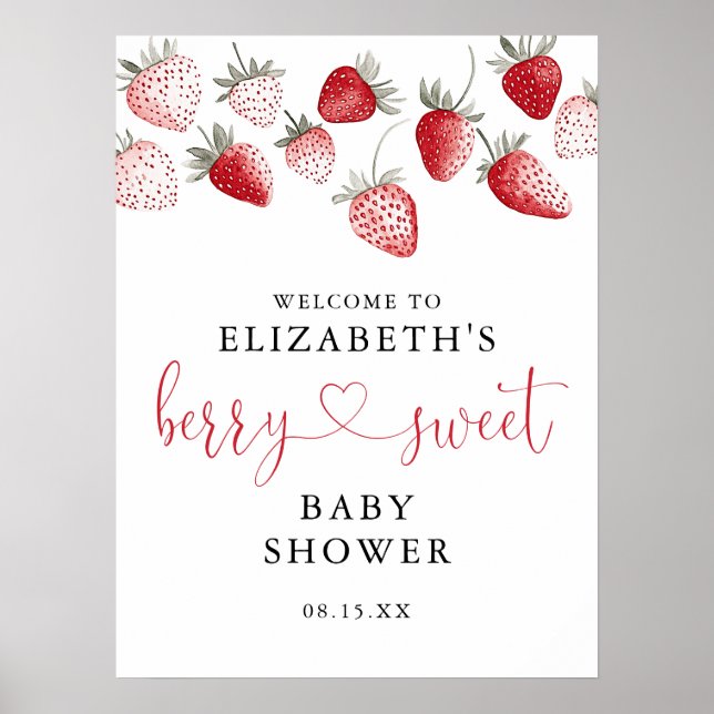 Strawberry Berry Sweet Baby Shower Welcome Sign (Front)