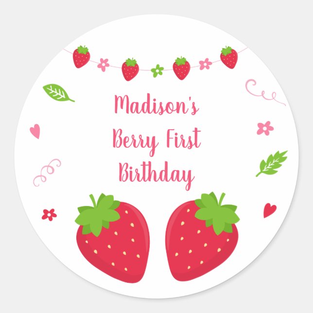 Strawberry Berry Sweet Birthday Classic Round Sticker (Front)