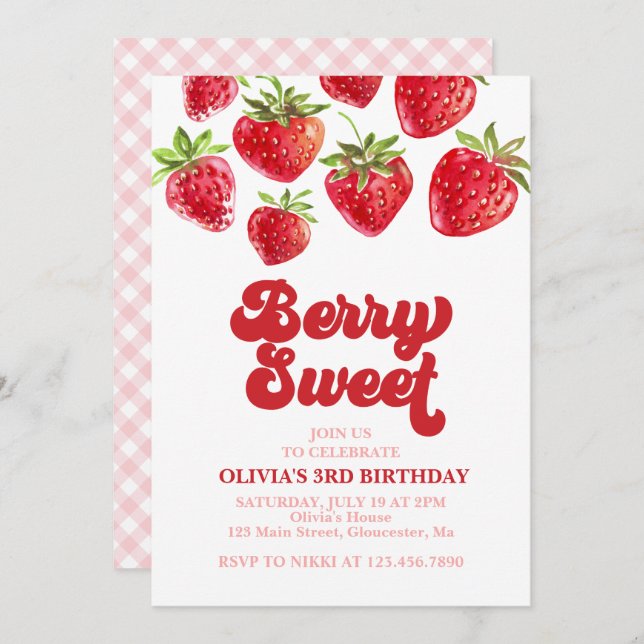 Strawberry Berry Sweet Birthday Invitation (Front/Back)