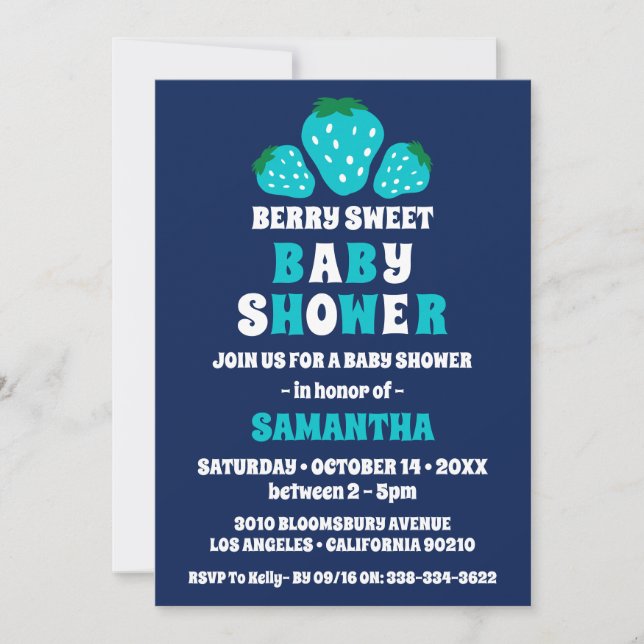 Strawberry Berry Sweet Blue Boy Baby Shower  Invitation (Front)