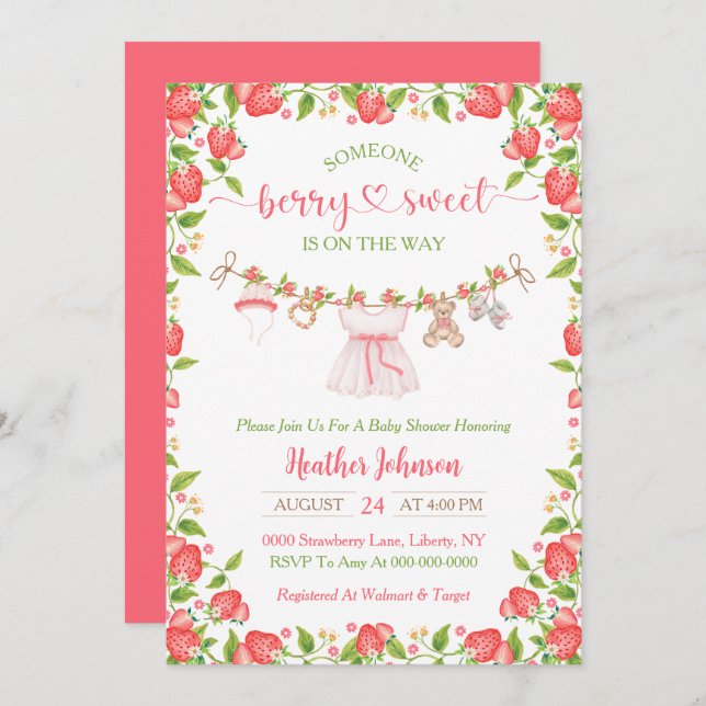 Strawberry Berry Sweet Clothesline Baby Shower  Invitation (Front/Back)