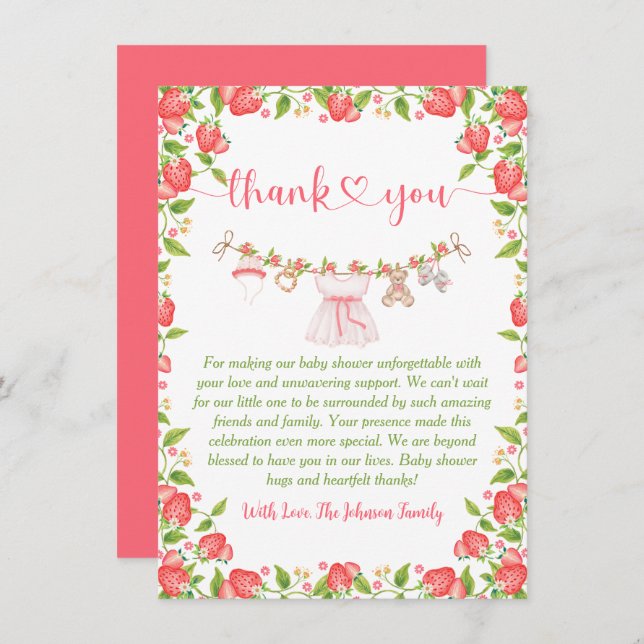 Strawberry Berry Sweet Clothesline Baby Shower  Thank You Card (Front/Back)