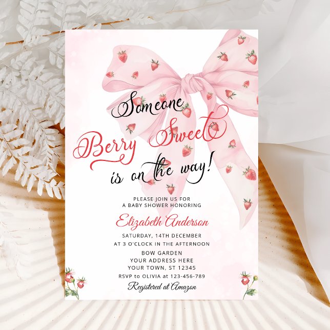 Strawberry Berry Sweet Cute Pink Bow Baby Shower Invitation (Creator Uploaded)