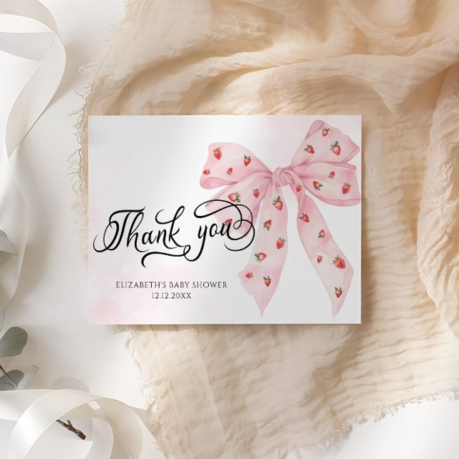 Strawberry Berry Sweet Cute Pink Bow Thank You Card (Creator Uploaded)