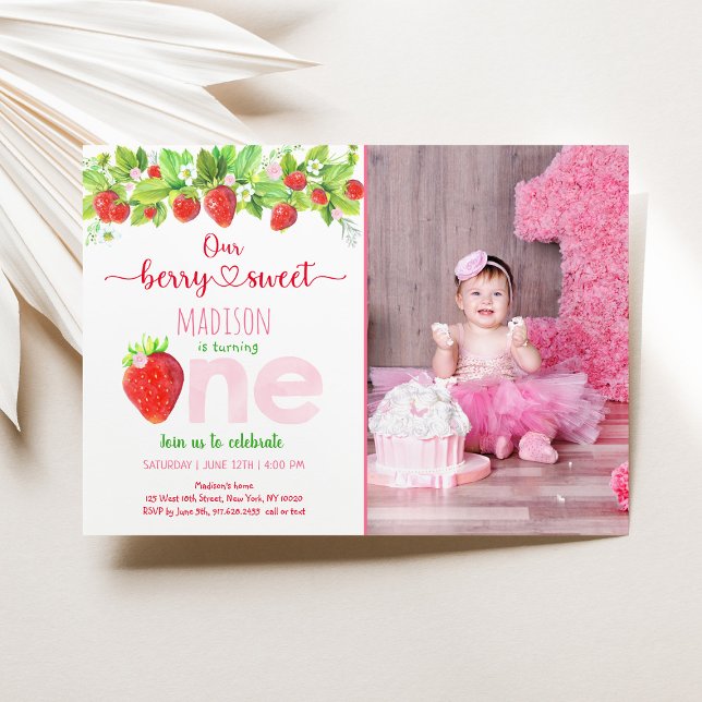 Strawberry Berry Sweet First Birthday Invitation (Creator Uploaded)