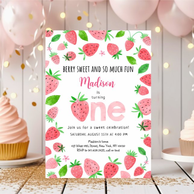 Strawberry Berry Sweet First Birthday Invitation (Creator Uploaded)