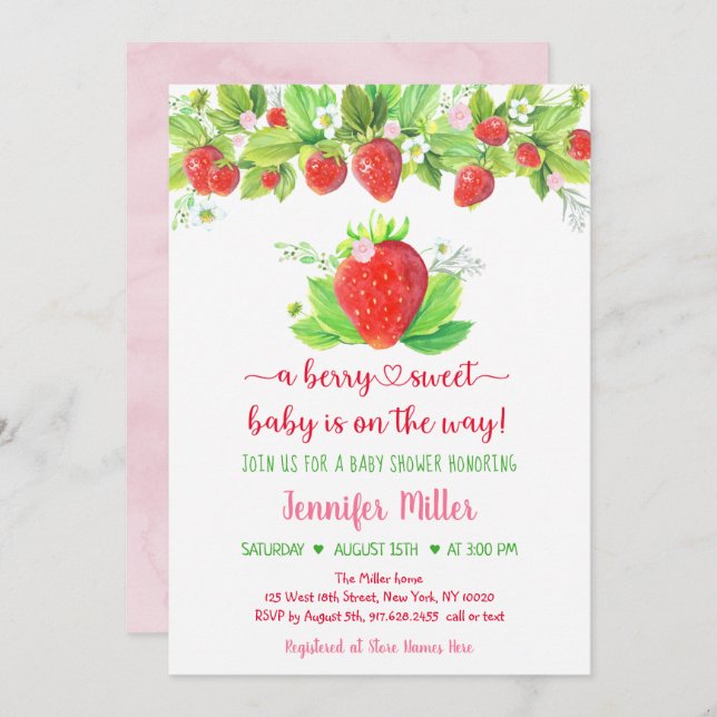 Strawberry Berry Sweet Floral Baby Shower Invitation (Front/Back)