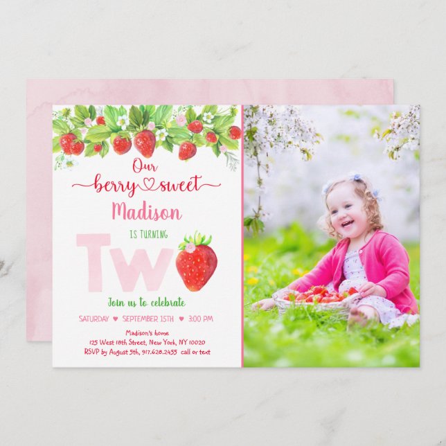 Strawberry Berry Sweet Floral Second Birthday Invitation (Front/Back)