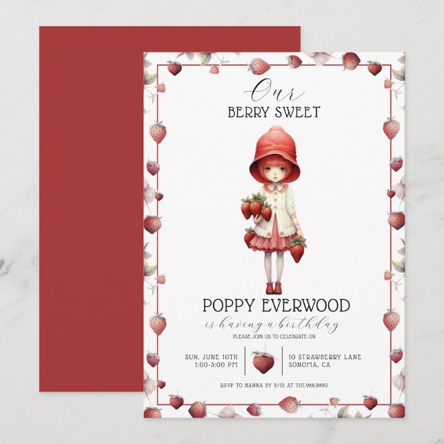 Strawberry Berry Sweet Girl's Birthday Party  Invitation (Front/Back)