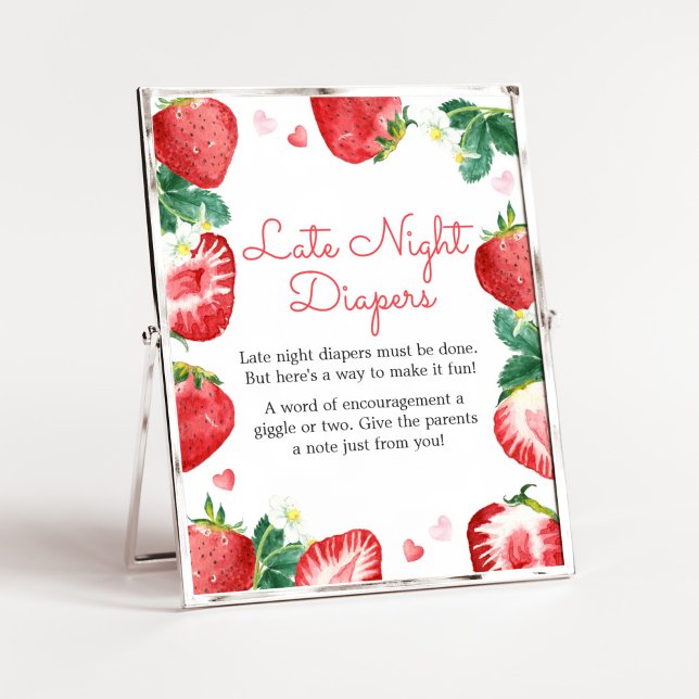 Strawberry Berry Sweet Late Night Diapers Poster (A Berry Sweet Strawberry Baby Shower Late Night Diapers Sign)