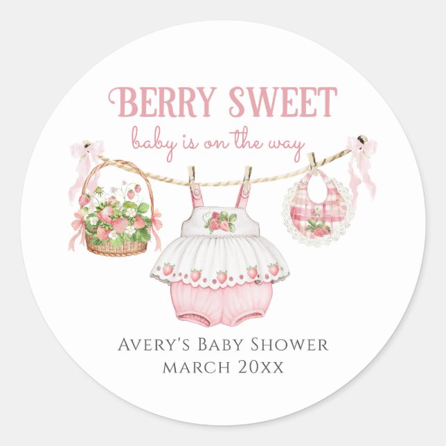 Strawberry Berry Sweet Modern Baby Girl Shower Classic Round Sticker (Front)