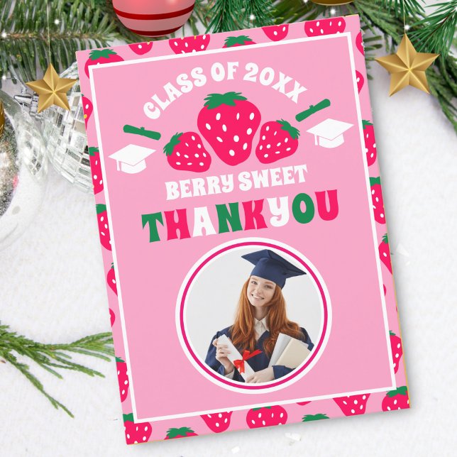 Strawberry Berry Sweet Photo Graduation  Thank You Card (Creator Uploaded)