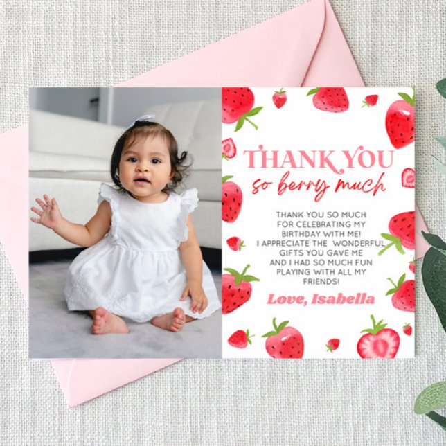 Strawberry Berry Sweet Picture Birthday Party Thank You Card (Creator Uploaded)