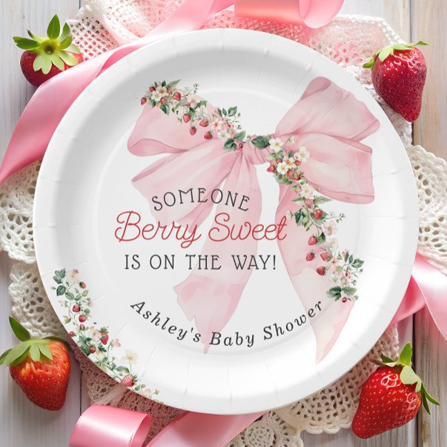 Strawberry Berry Sweet Pink Bow Baby Shower Paper Plate (Creator Uploaded)
