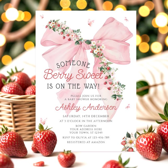 Strawberry Berry Sweet Pink Bow Girl Baby Shower Invitation (Creator Uploaded)