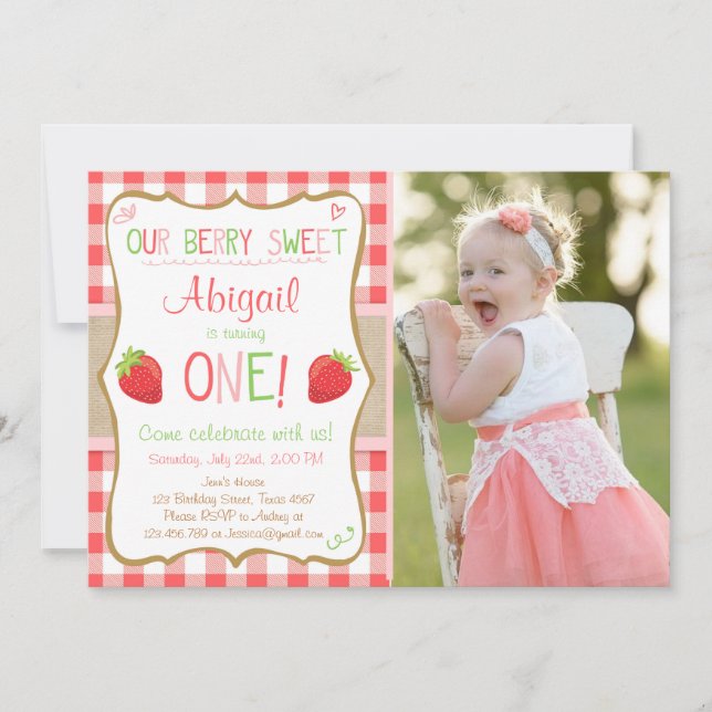 Strawberry Berry Sweet Pink Red First Birthday Invitation (Front)