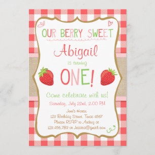 Strawberry Berry Sweet Pink Red First Birthday Invitation