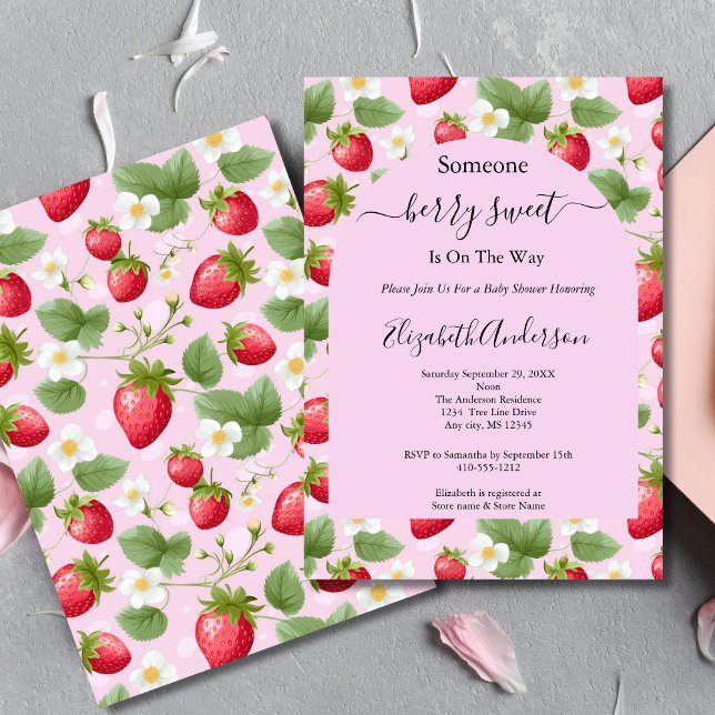 Strawberry Berry Sweet Pink Red White Baby Shower Invitation (Strawberry Pink Berry Sweet Baby Girl Baby Shower invitation. Printed or Digital Download)