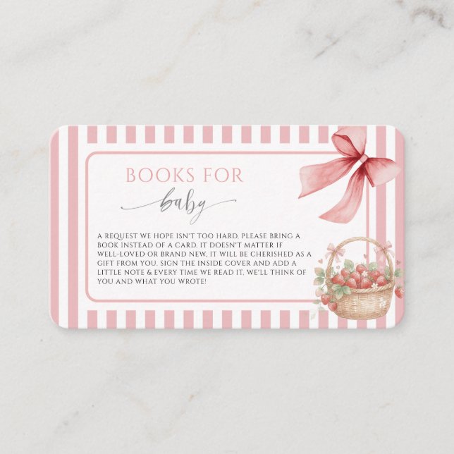 Strawberry Berry Sweet Pink Stripe Bow Baby shower Enclosure Card (Front)