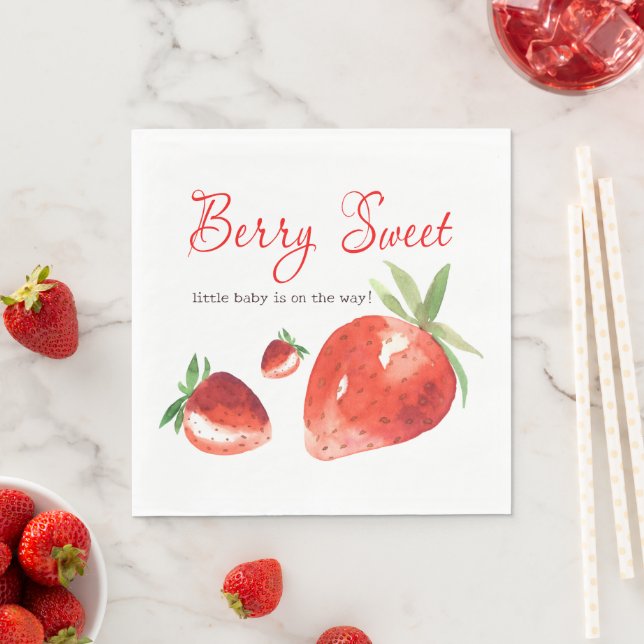 Strawberry Berry Sweet Red Watercolor Baby Shower Napkin (Insitu)