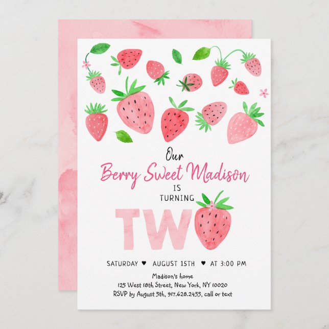 Strawberry Berry Sweet Second Birthday Invitation (Front/Back)