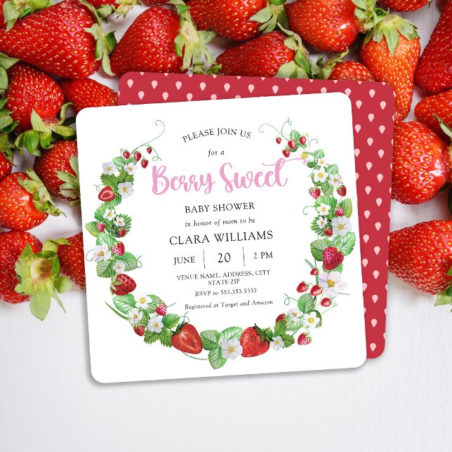Strawberry Berry Sweet Square Baby Shower Invitation (Creator Uploaded)