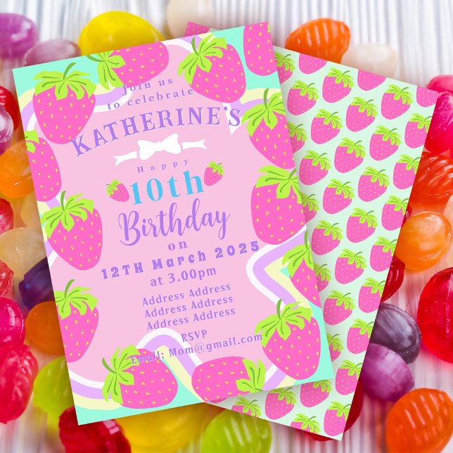 Strawberry Birthday Blue Pink Invitation card (Sweet Strawberry Birthday Invitation Card. )