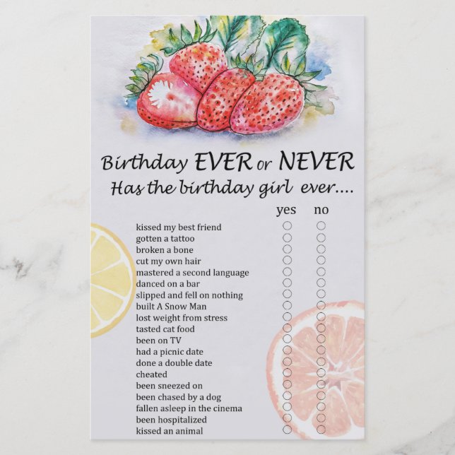 Strawberry Birthday ever or never game (Front)