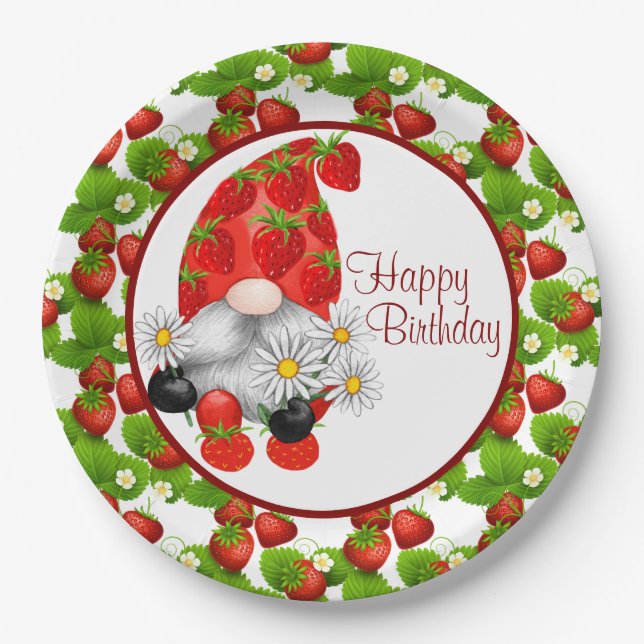 Strawberry Birthday Gnome  Paper Plate (Front)