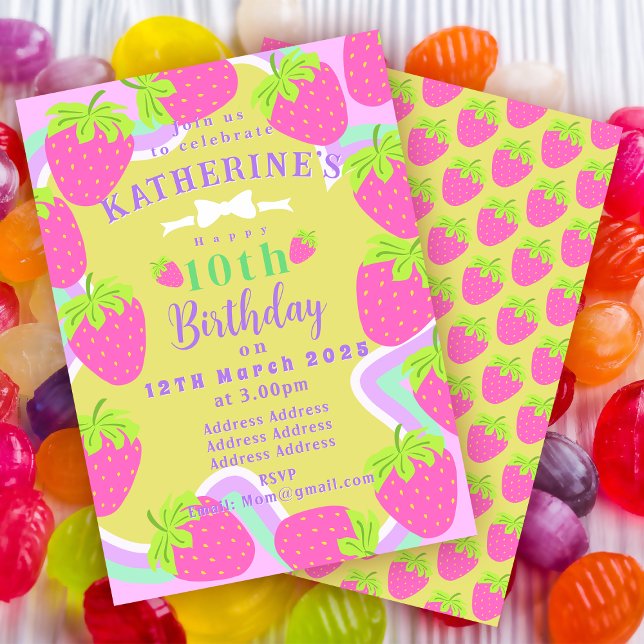 Strawberry Birthday Green Pink Invitation card (Sweet Strawberry Birthday Invitation Card. )