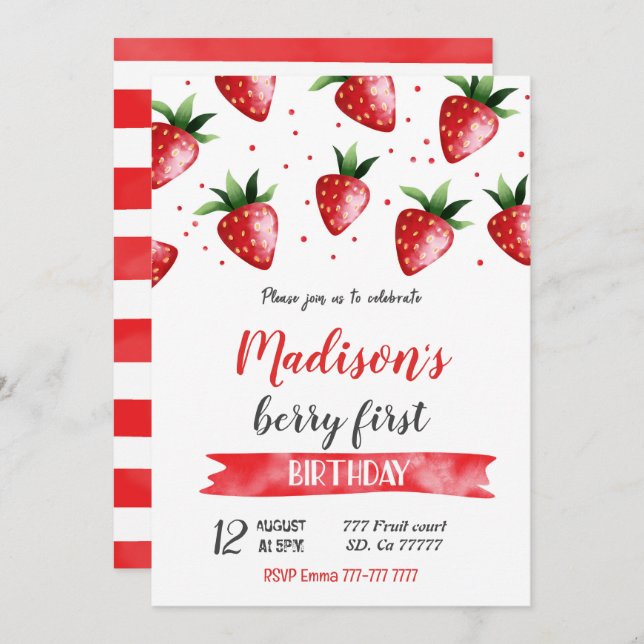 Strawberry Birthday Invitation (Front/Back)