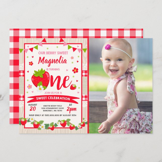 Strawberry Birthday Invitation Berry Sweet Party (Front/Back)