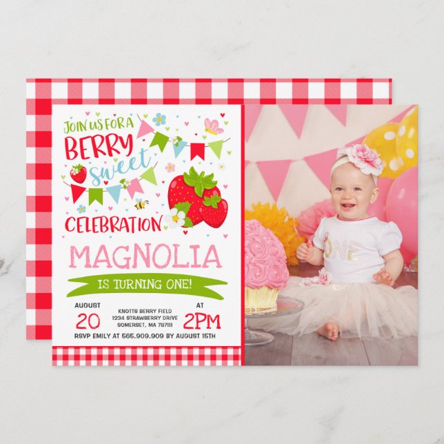 Strawberry Birthday Invitation Berry Sweet Party (Front/Back)