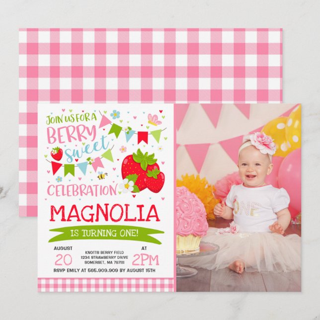 Strawberry Birthday Invitation Berry Sweet Party (Front/Back)