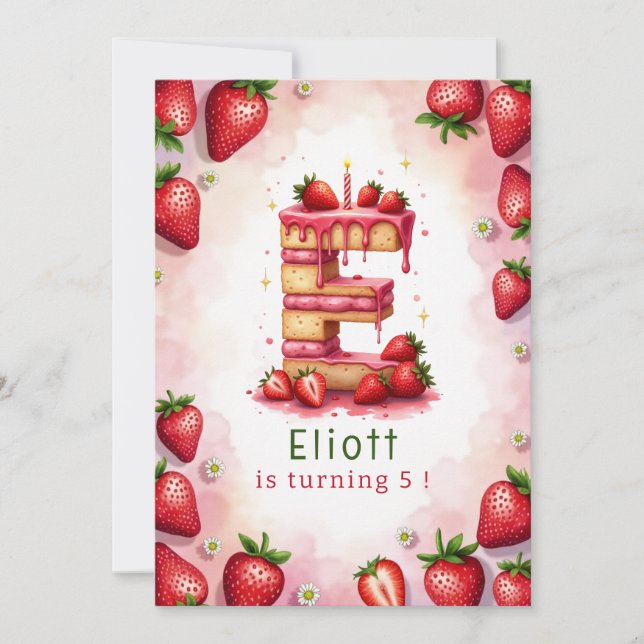Strawberry Birthday Invitation Letter E Cake Theme (Front)