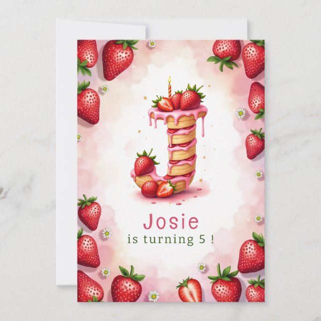 Strawberry Birthday Invitation Letter J Cake Theme (Front)